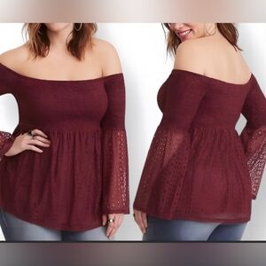 Torrid 1 Smocked Off Shoulder Baby Doll Eyelet Blouse Bell Sleeves Maroon